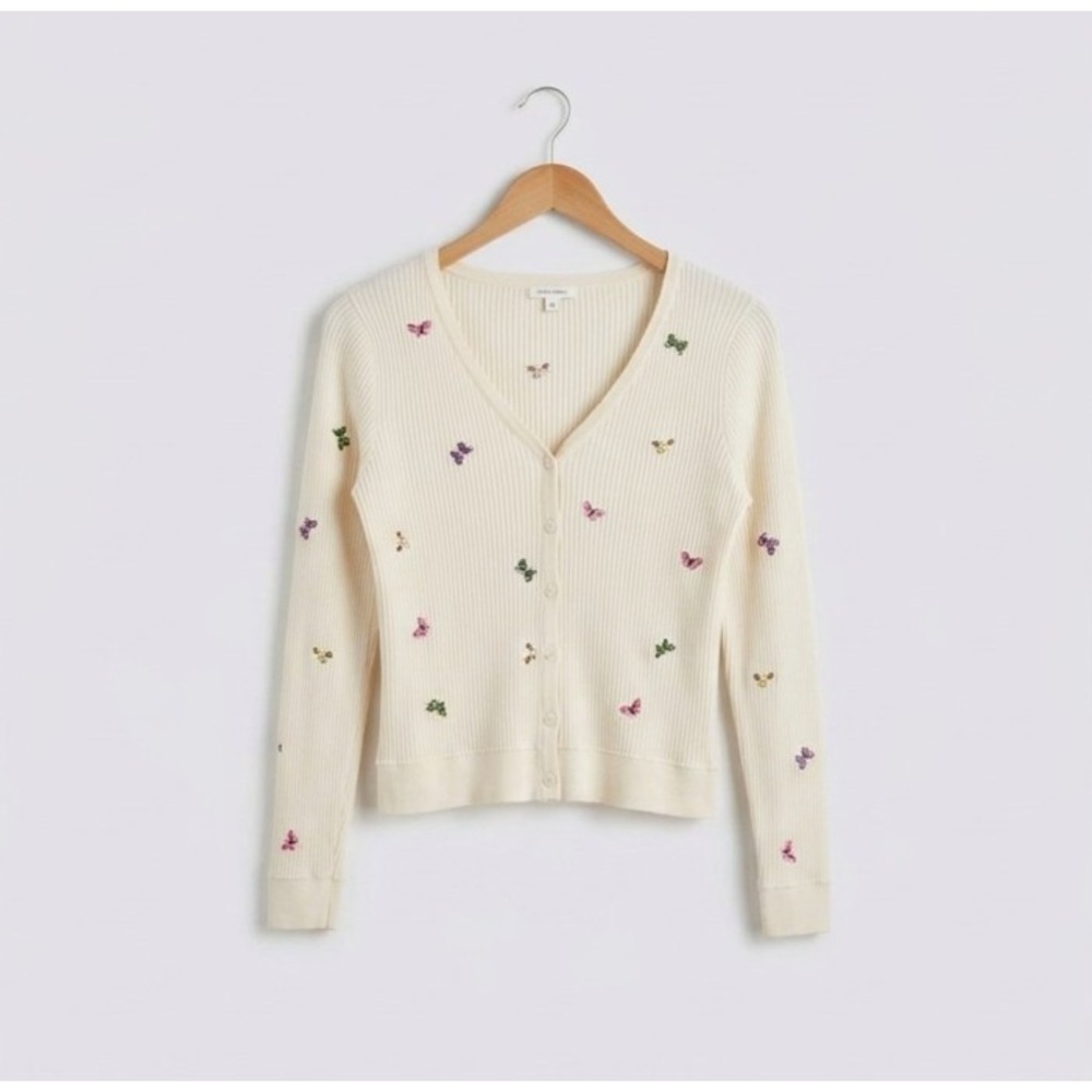 Favorite Daughter Flower Embroidered Ribbed Cardigan Medium *As Is*